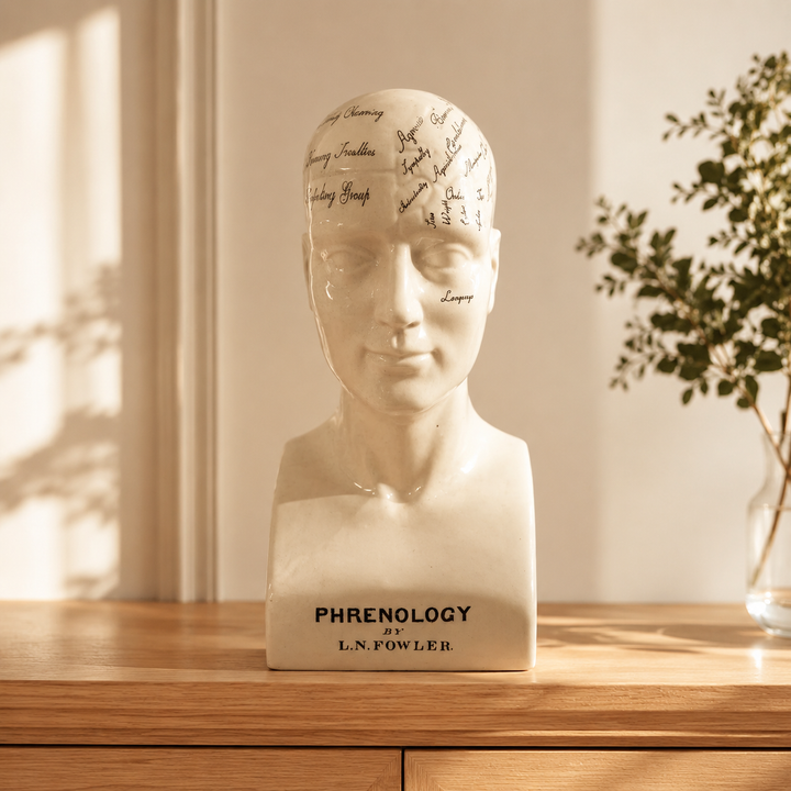 Calavera Head phrenology bust in a warm luxury interior
