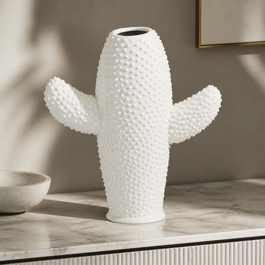 Ceramic cactus vase white flat large - luxury lifestyle