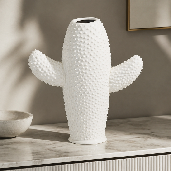 Ceramic cactus vase white flat large - luxury lifestyle