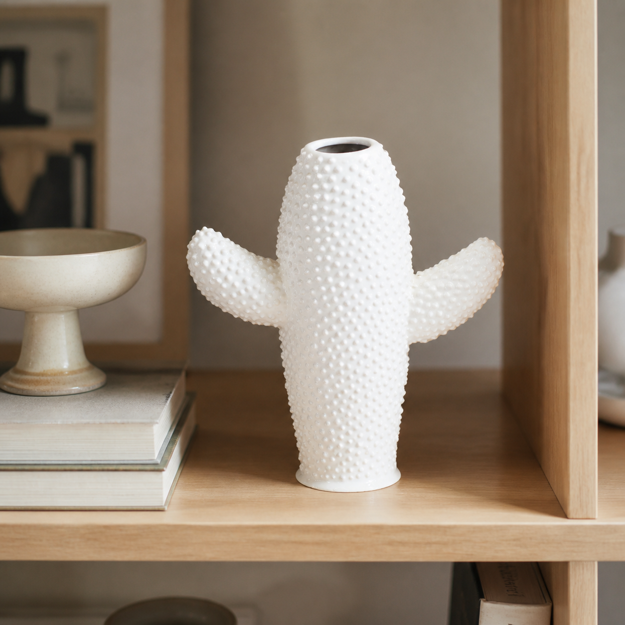 Ceramic cactus vase white flat small - luxury lifestyle