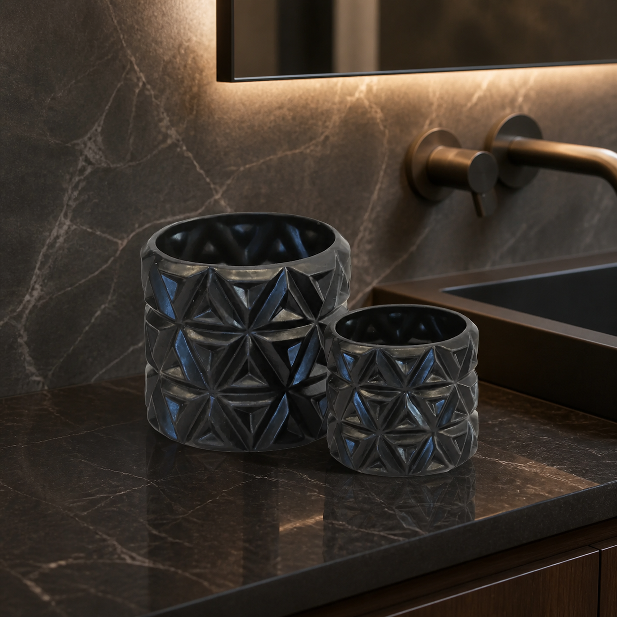 Ceramic carved flower matt black s/2 - luxury lifestyle