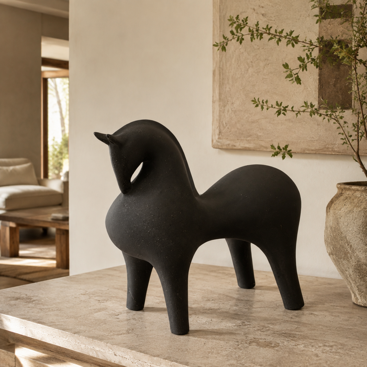Ceramic Horse Statue Grey — luxury interior lifestyle view