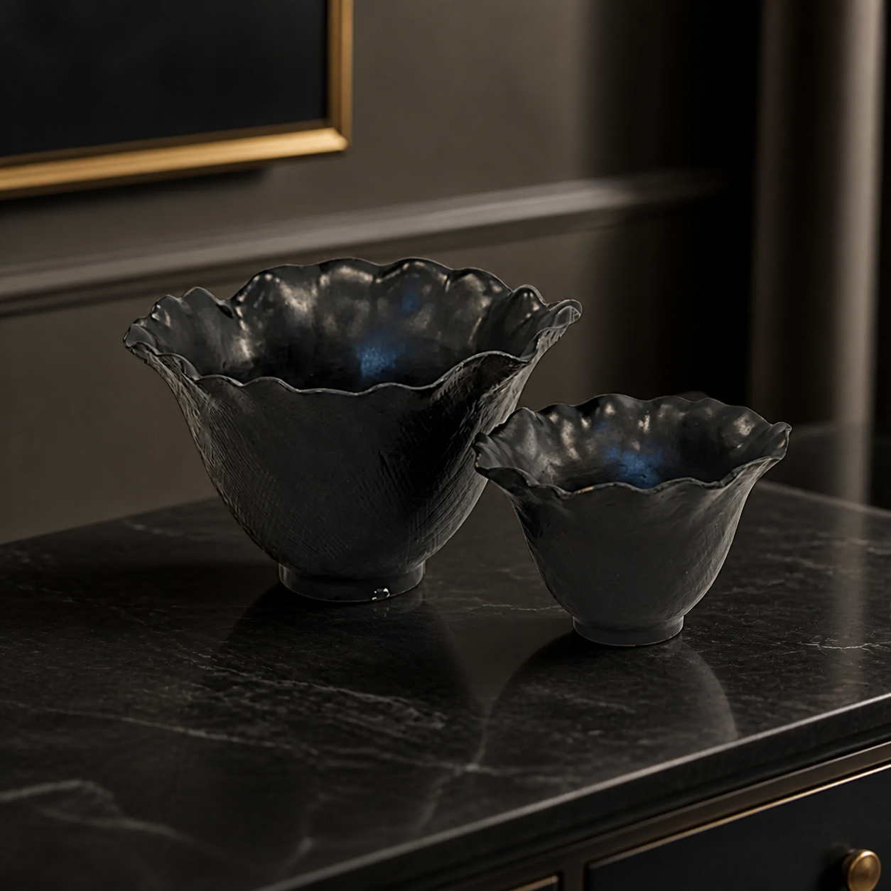 Ceramic scalloped petal votive matt black s/2 - luxury lifestyle
