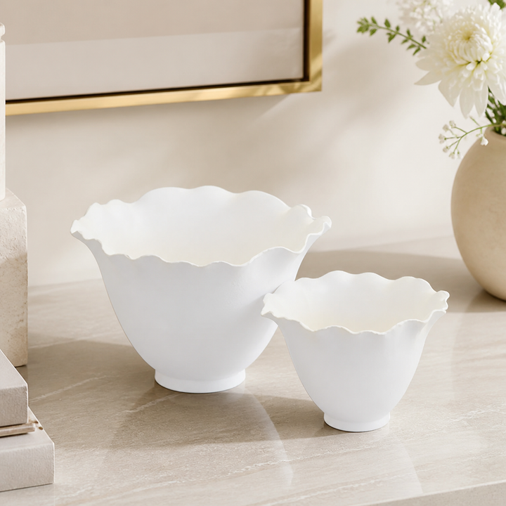 Ceramic scalloped petal votive matt white s/2 - luxury lifestyle