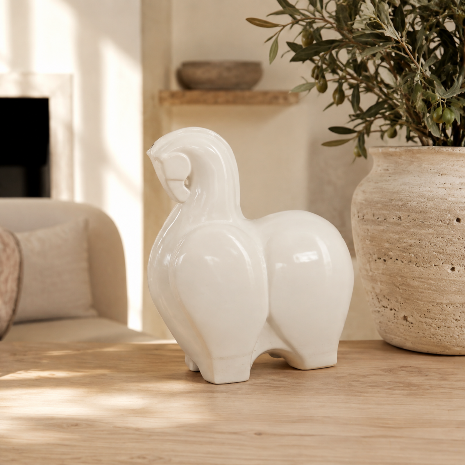 Ceramic Trojan Horse Statue White — luxury interior lifestyle view
