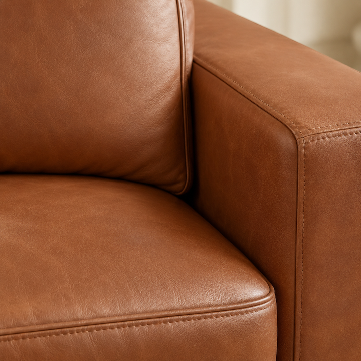 Classic Bespoke Corner Couch cognac leather piping and stitching detail