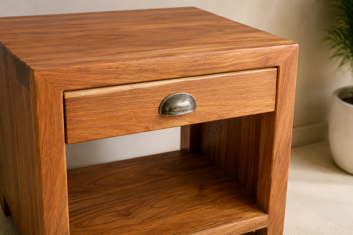 Classic Kiaat Pedestal — drawer, cup-handle and Kiaat detail