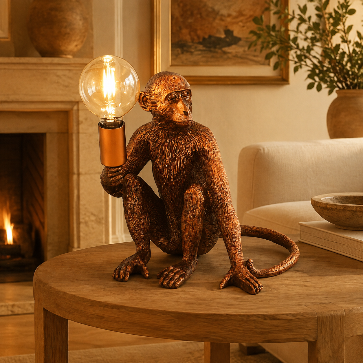 Copper monkey torch table lamp in warm luxury interior