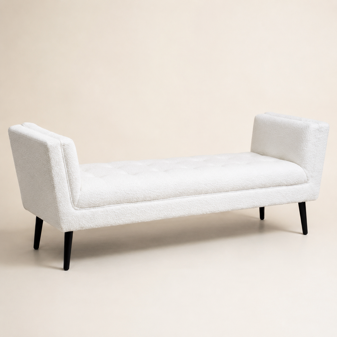 Cornwall Light Cream Bench Ottoman With Black Wooden Legs 60X150X46cm — opposite three-quarter view