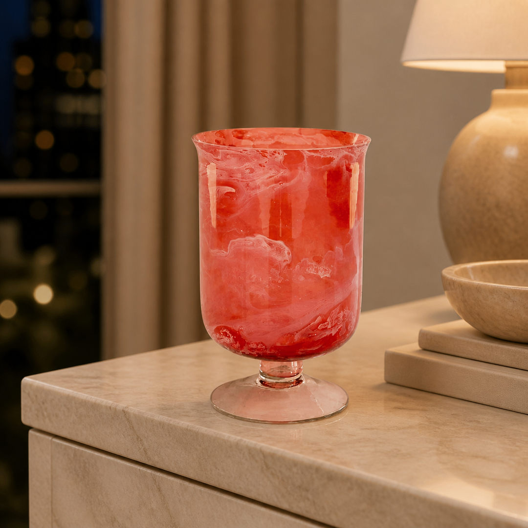 Cranberry glass candle holder on foot 20x13cm — luxury lifestyle image
