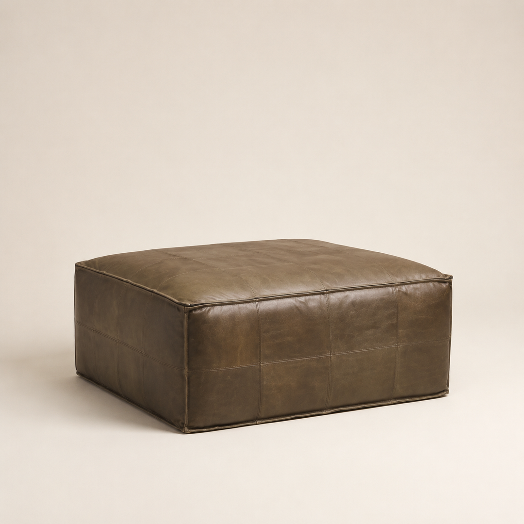 Delta Square Ottoman Full Grain Leather — opposite three-quarter view