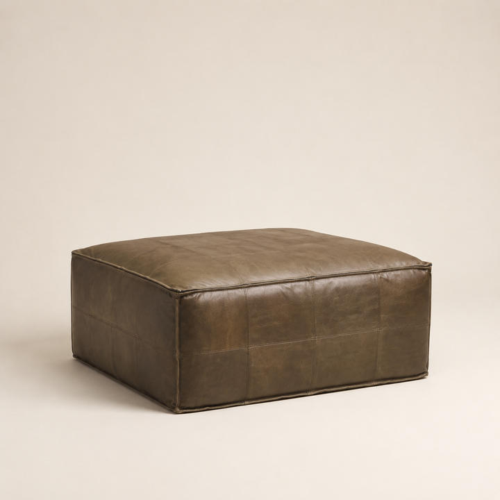 Delta Square Ottoman Full Grain Leather — opposite three-quarter view