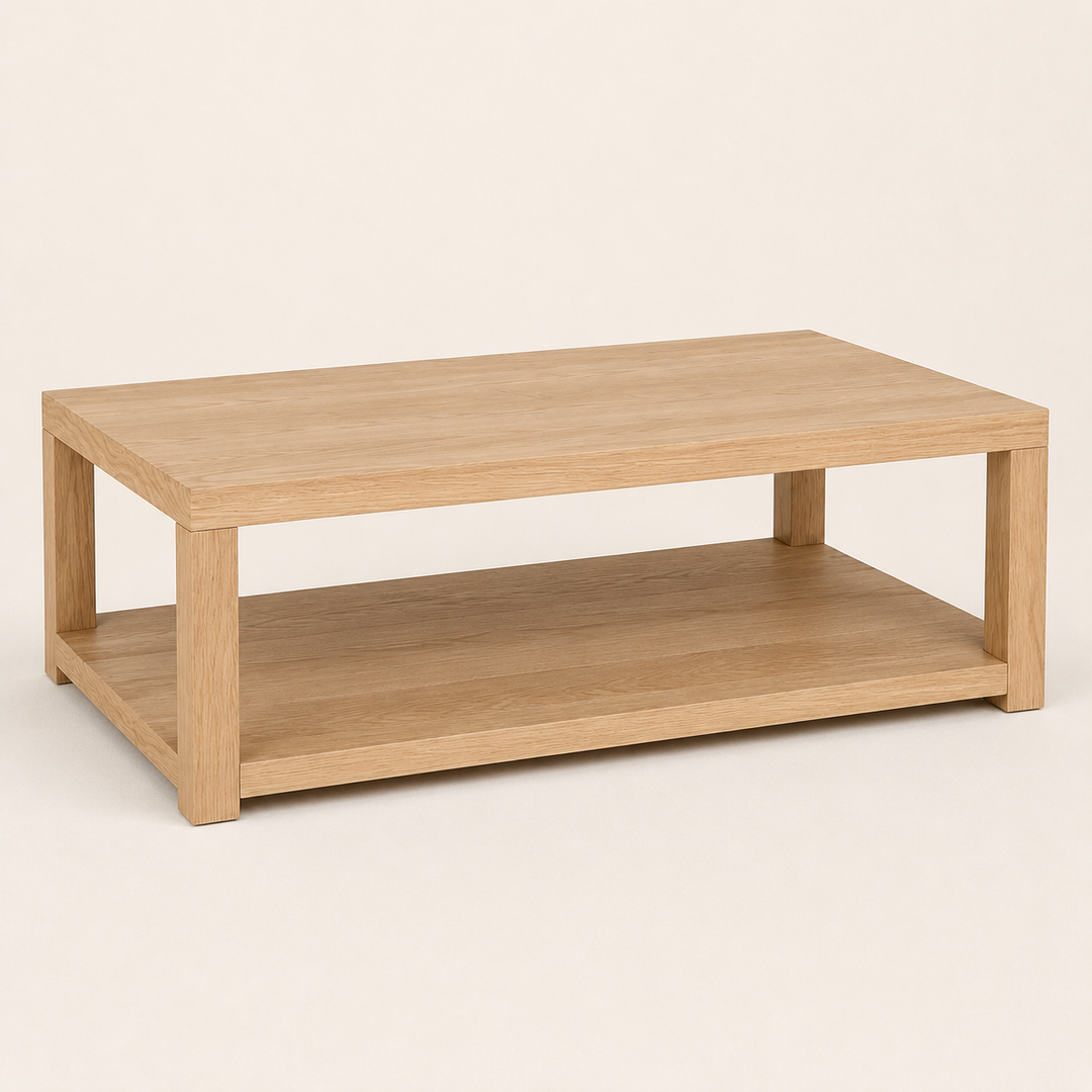 Double-Top Red Oak Coffee Table — opposite three-quarter view