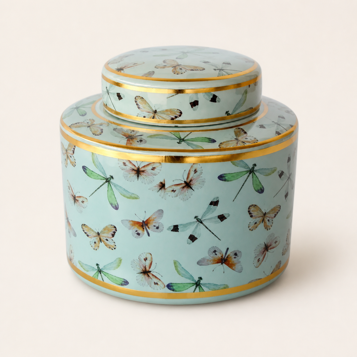 DUCK EGG BLUE & GOLD DRAGONFLY JAR WITH LID 16.5X19CM - catalogue
