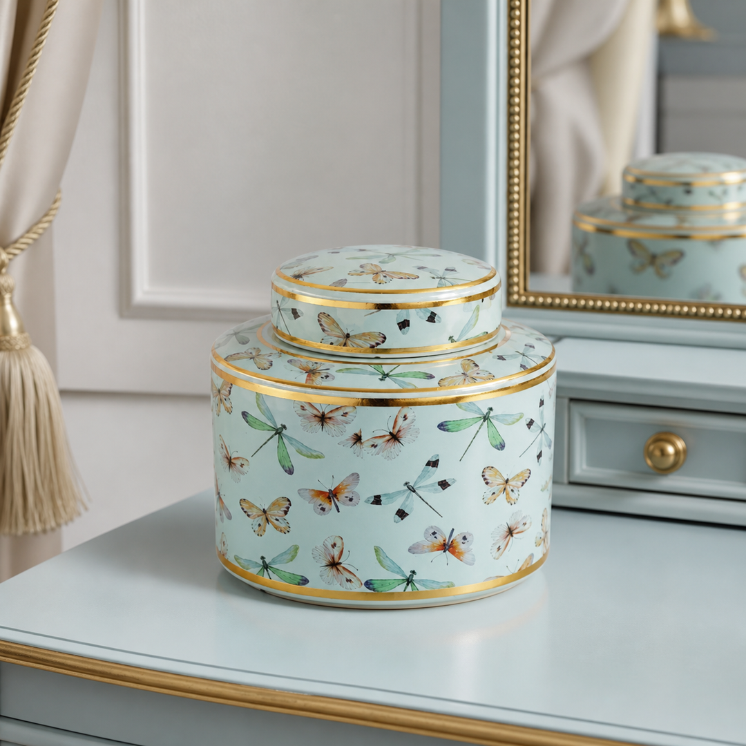 DUCK EGG BLUE &amp; GOLD DRAGONFLY JAR WITH LID 16.5X19CM - luxury lifestyle