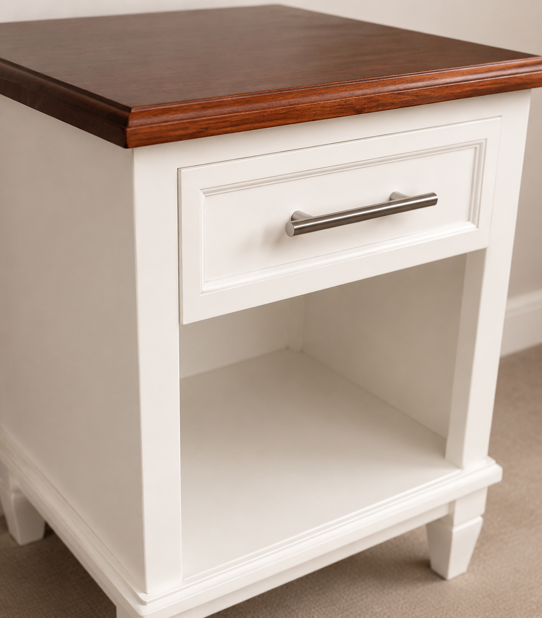 Farm Style Kiaat Pedestal — Kiaat top, white drawer and handle detail