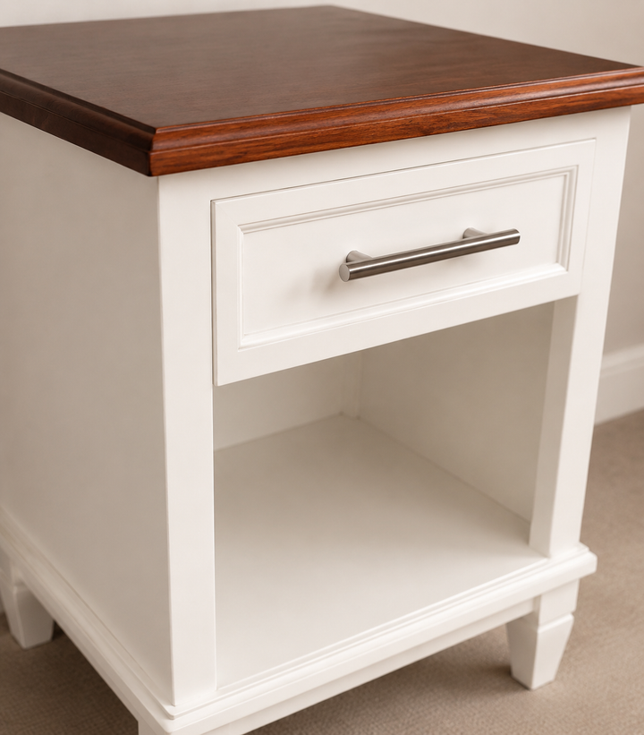 Farm Style Kiaat Pedestal — Kiaat top, white drawer and handle detail