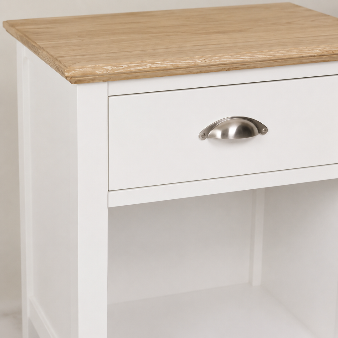 Farm Style Oak Pedestal — oak top, drawer and cup-pull detail