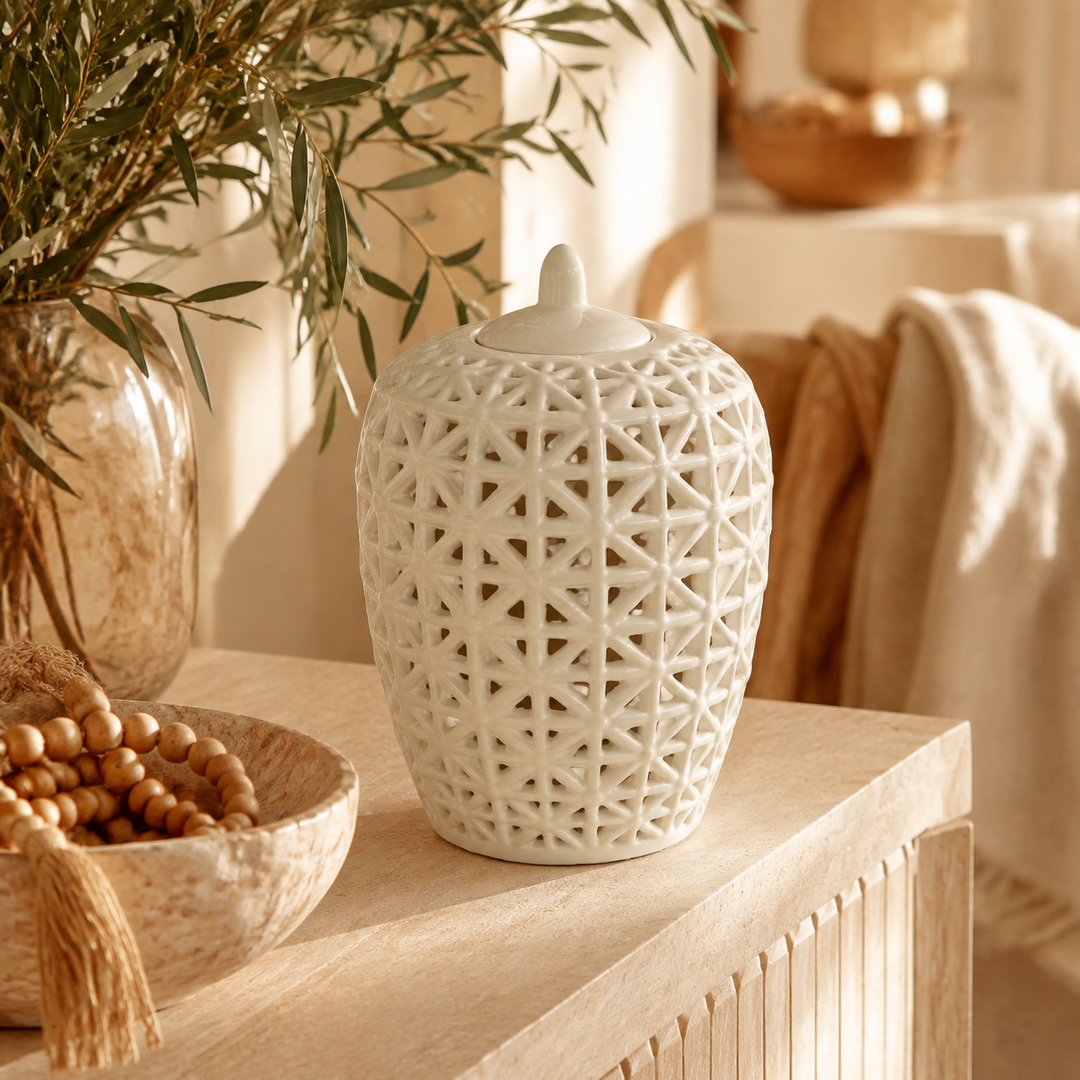 White fat criss-cross cut-out jar with lid in warm luxury interior