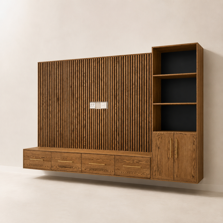 Floating Oak TV Wall / Plasma Unit — opposite three-quarter view