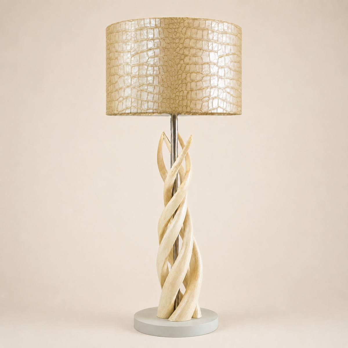 Four natural kudu horn upright twist lamp with tan reptile-textured drum shade on warm ivory background