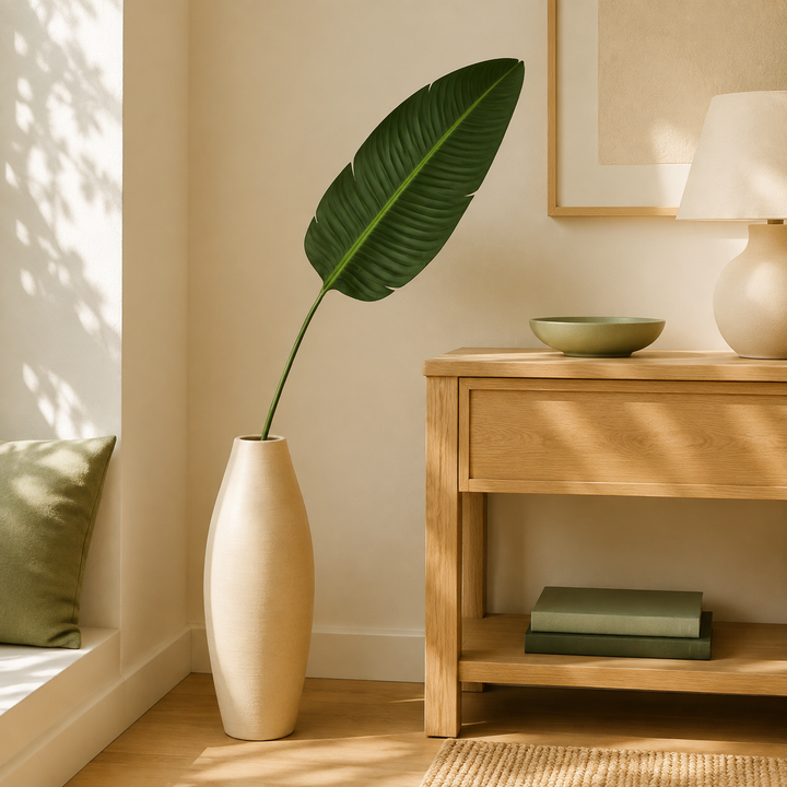 Giant Bird of Paradise leaf styled in a warm interior