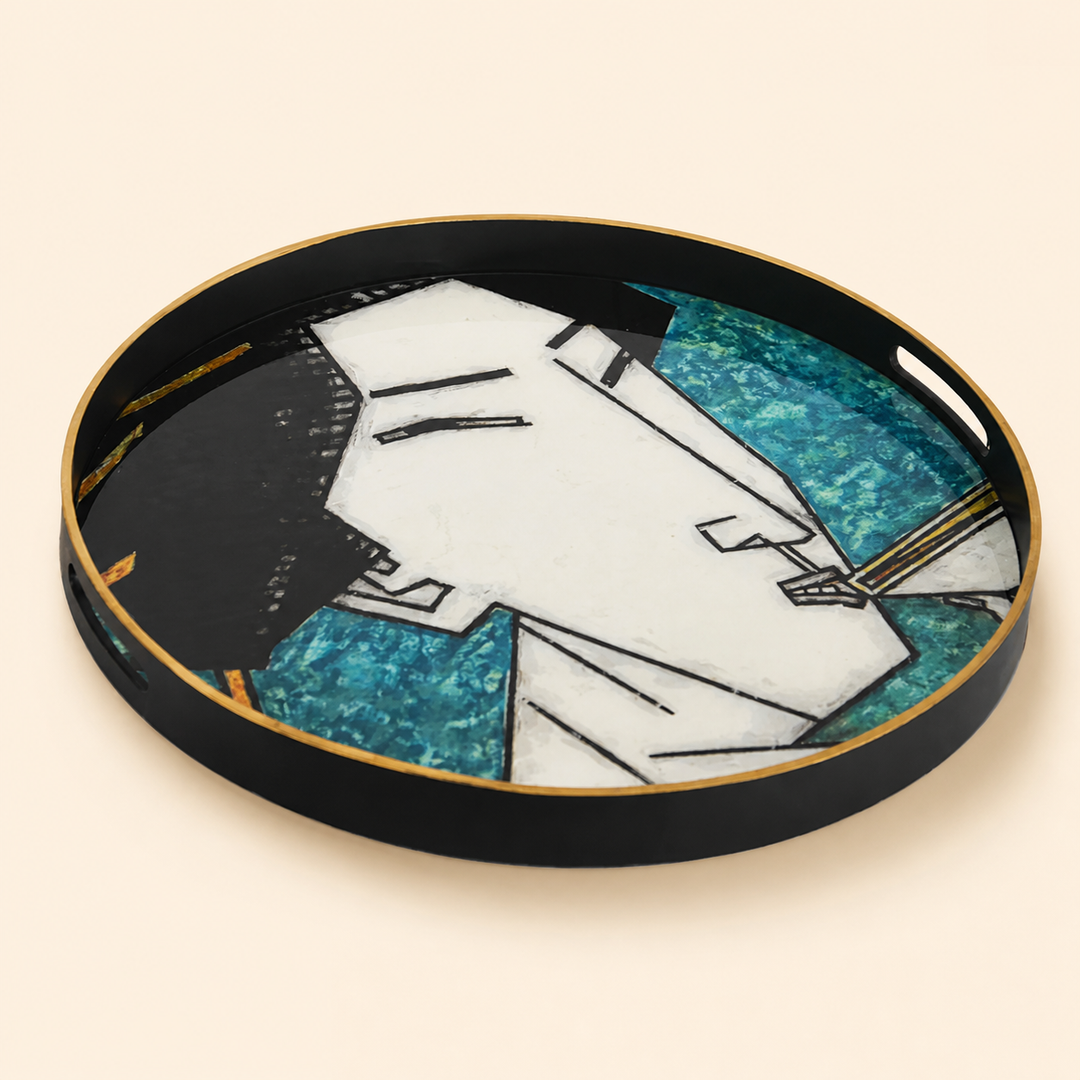 Glass tray geisha girl teal (60cm) - catalogue
