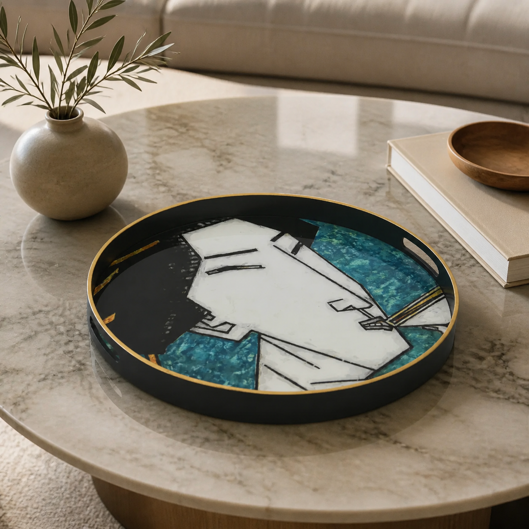 Glass tray geisha girl teal (60cm) - luxury lifestyle