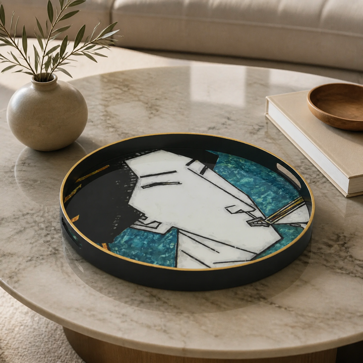 Glass tray geisha girl teal (60cm) - luxury lifestyle