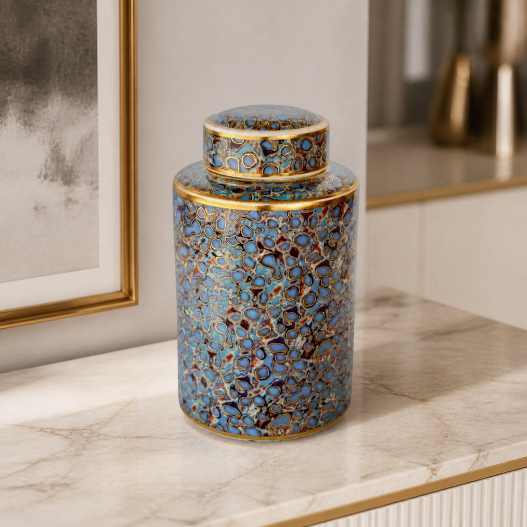 GOLD, BLUE MULTI COLOUR JAR WITH LID 30X19CM - luxury lifestyle