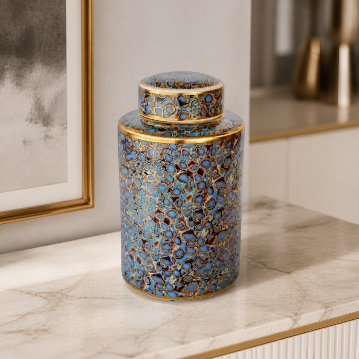 GOLD, BLUE MULTI COLOUR JAR WITH LID 30X19CM - luxury lifestyle