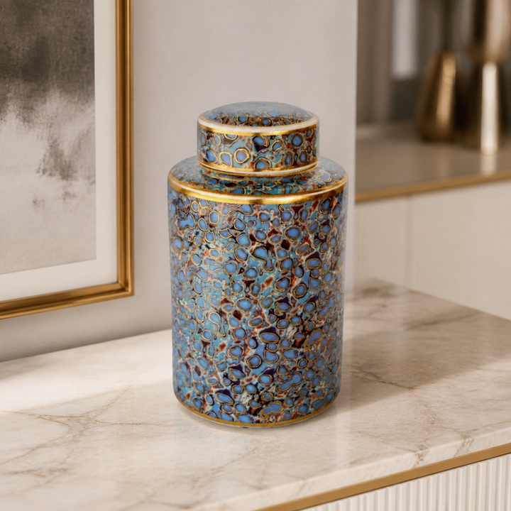 GOLD, BLUE MULTI COLOUR JAR WITH LID 30X19CM - luxury lifestyle