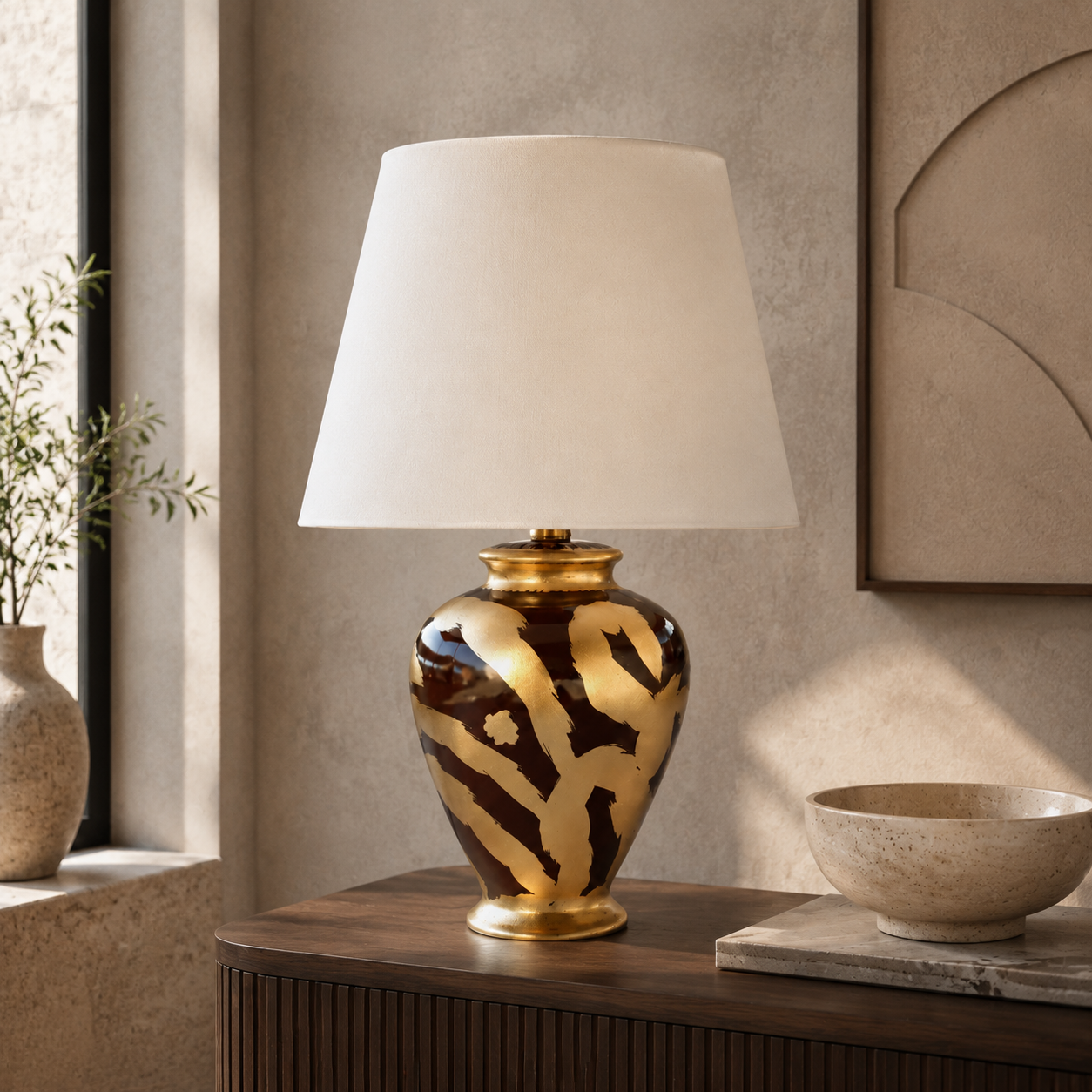 Gold & Brown Swirl  Lamp Base With Shade 70X46cm – lifestyle view
