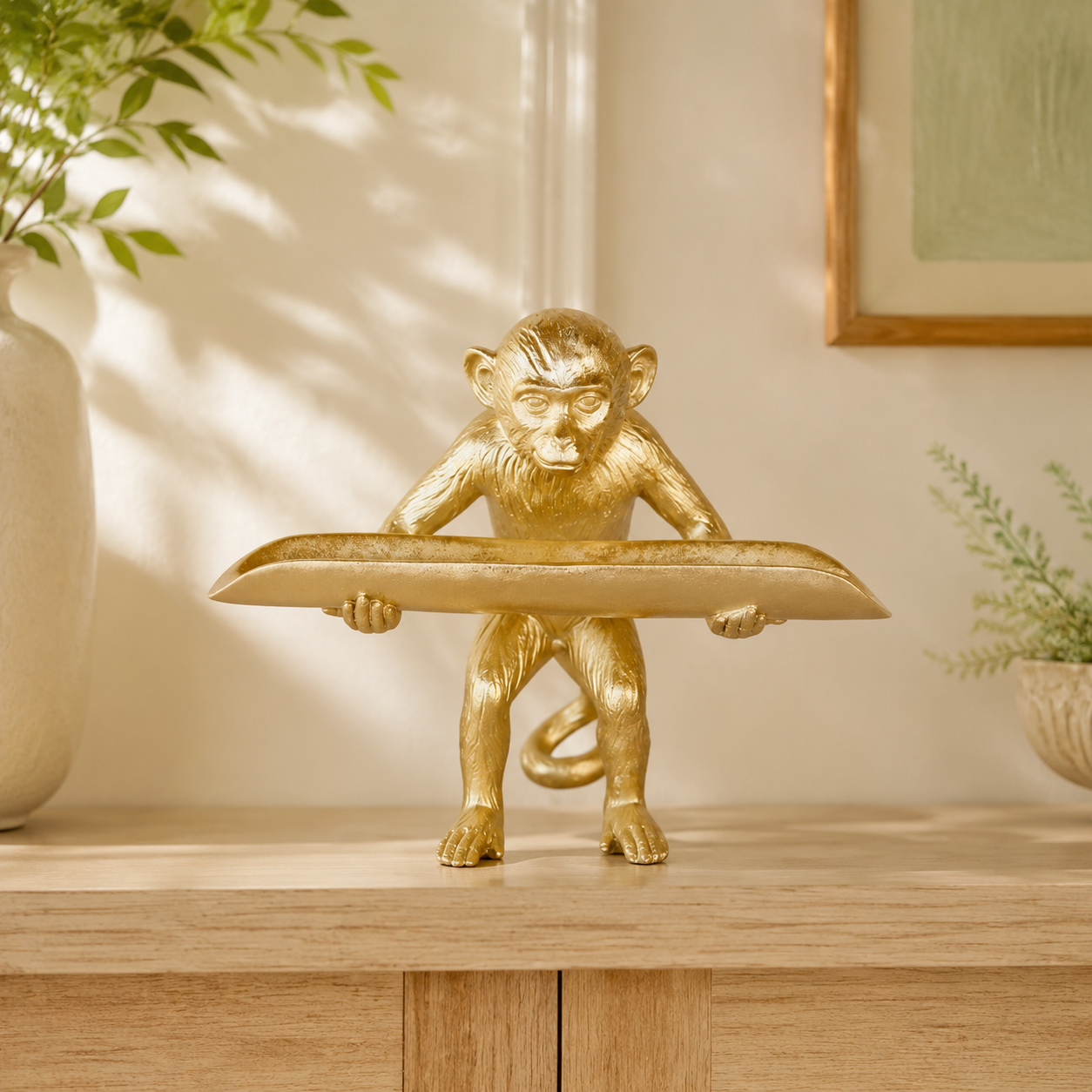 Gold monkey holding tray styled in a warm interior