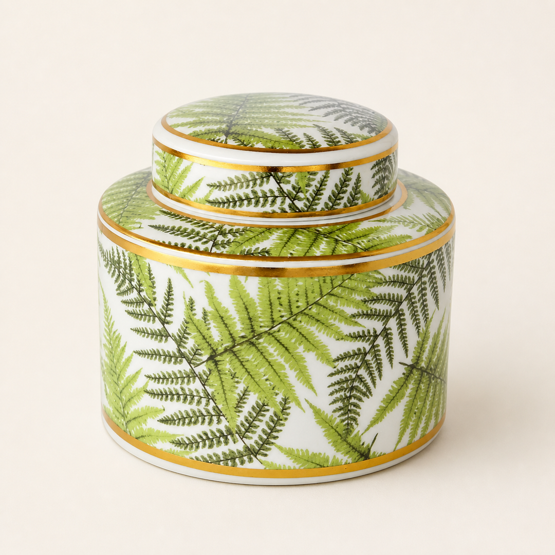 Green and gold fern design jar with lid 16.5X19CM - catalogue