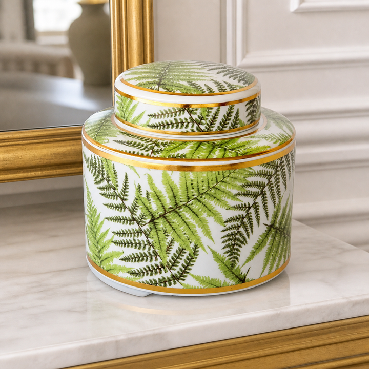 Green and gold fern design jar with lid 16.5X19CM - luxury lifestyle