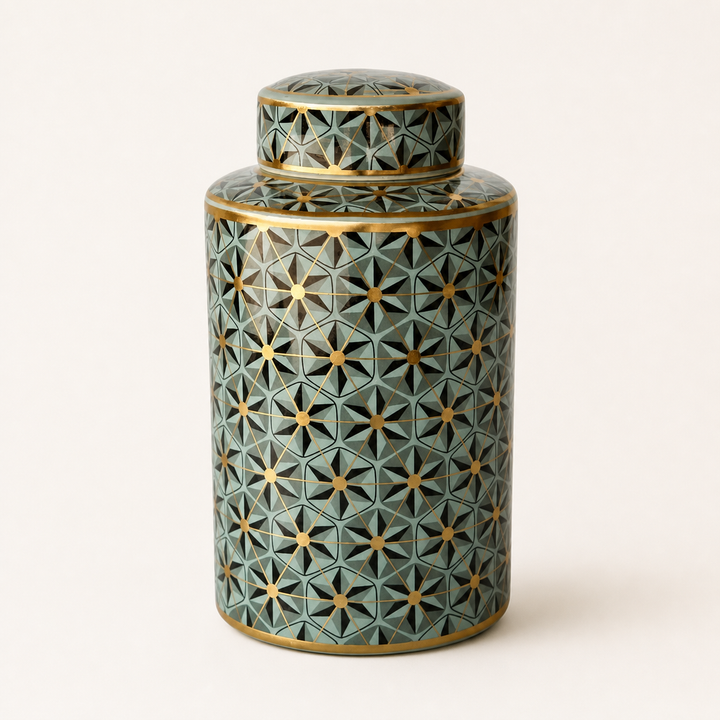GREEN, BLACK &amp; GOLD GEOMETRIC DESIGN JAR WITH LID 30X17CM - catalogue