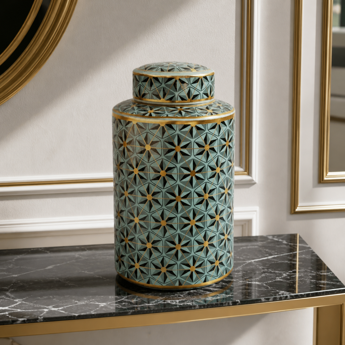 GREEN, BLACK & GOLD GEOMETRIC DESIGN JAR WITH LID 30X17CM - luxury lifestyle