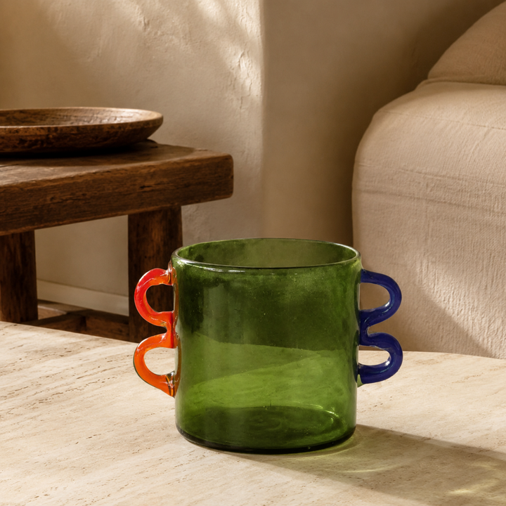 Green Glass Vase Orange and Blue Handles — luxury interior lifestyle view