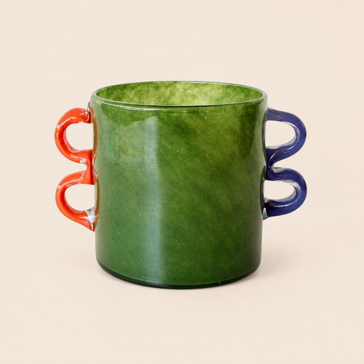 Green Glass Vase Orange and Blue Handles — catalogue view