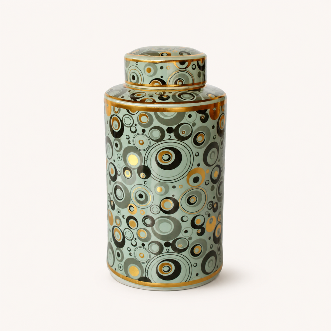 GREEN, GOLD &amp; BLACK CIRCLES JAR WITH LID 31X20CM — catalogue product image