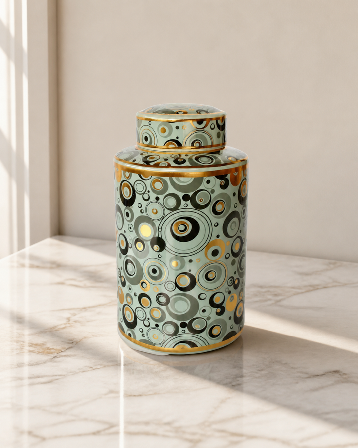 GREEN, GOLD &amp; BLACK CIRCLES JAR WITH LID 31X20CM — luxury lifestyle image