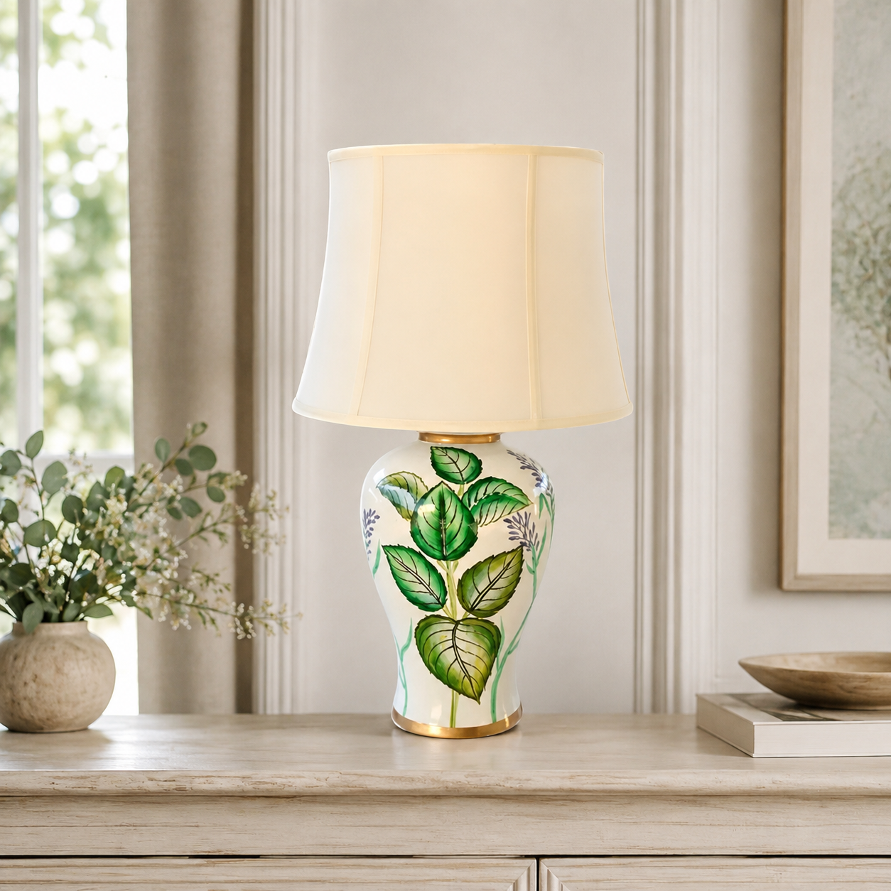Green Leaf Lamp Base Off White Shade 66X40cm – lifestyle view