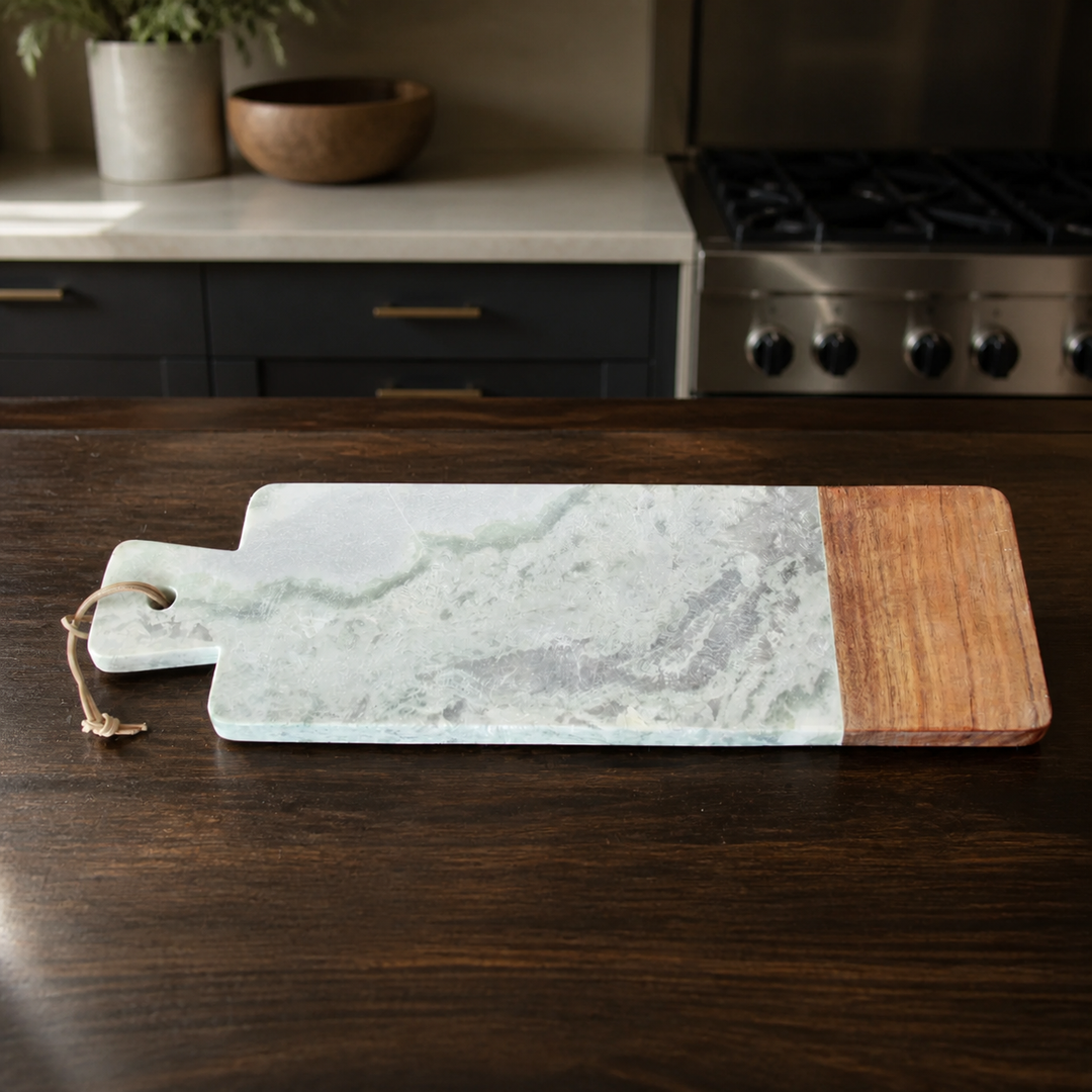 Green vein marble board with wood 48x15.5cm — luxury lifestyle image