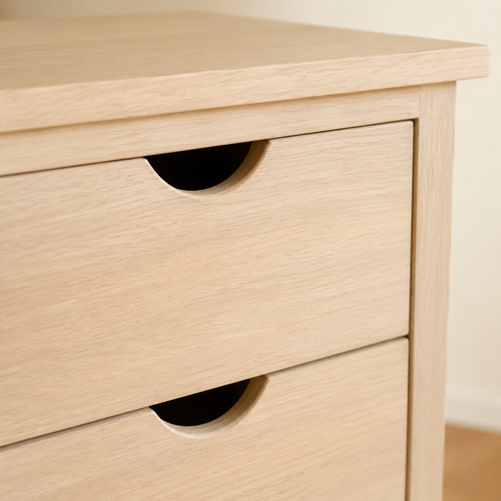 Half-Moon Handle Oak Pedestal — finger-pull and oak detail