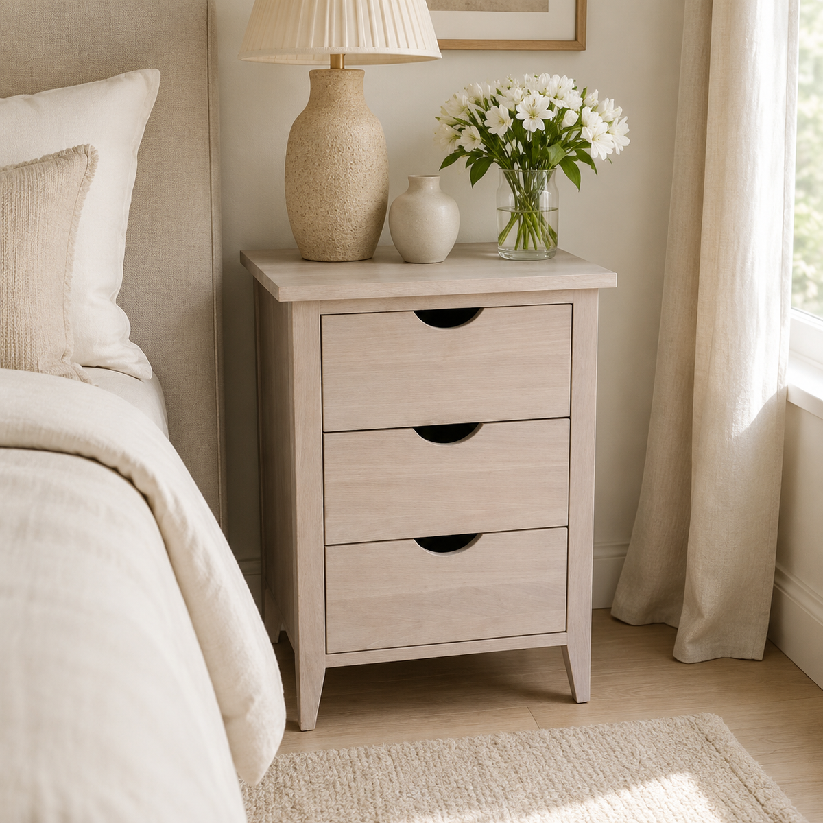 Half-Moon Handle Oak Pedestal — luxury bedroom lifestyle