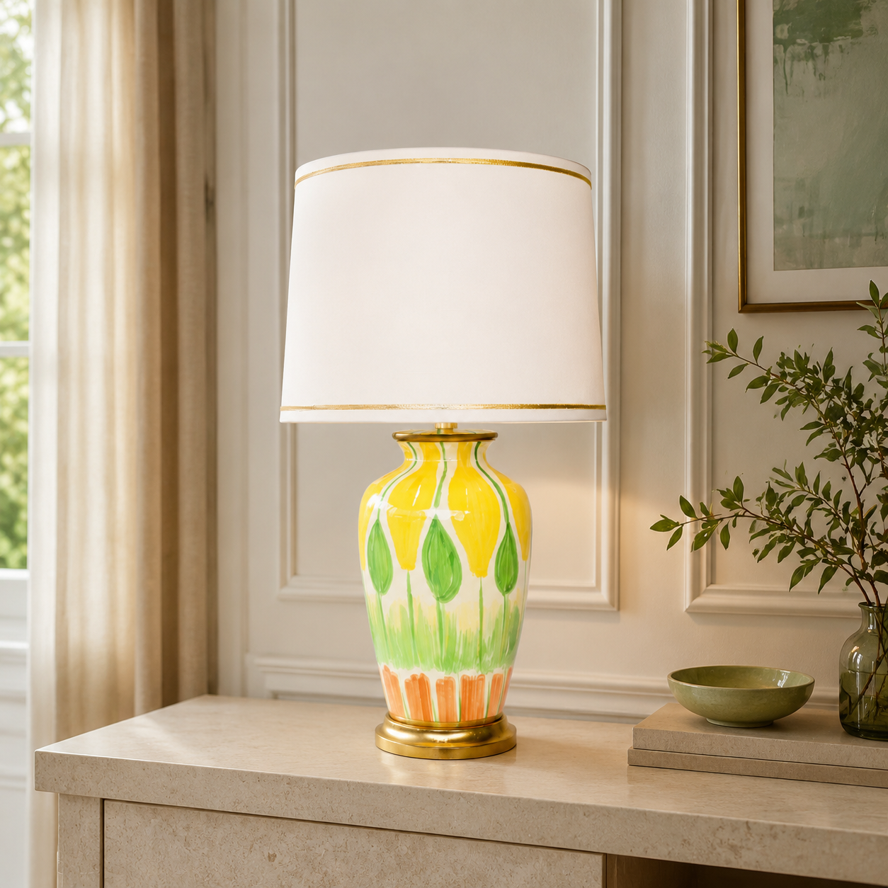 Hand Painted Yellow Green Orange Lamp Gold Trim Shade 68x40cm – lifestyle view