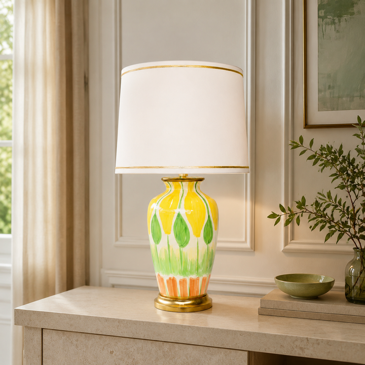 Hand Painted Yellow Green Orange Lamp Gold Trim Shade 68x40cm – lifestyle view