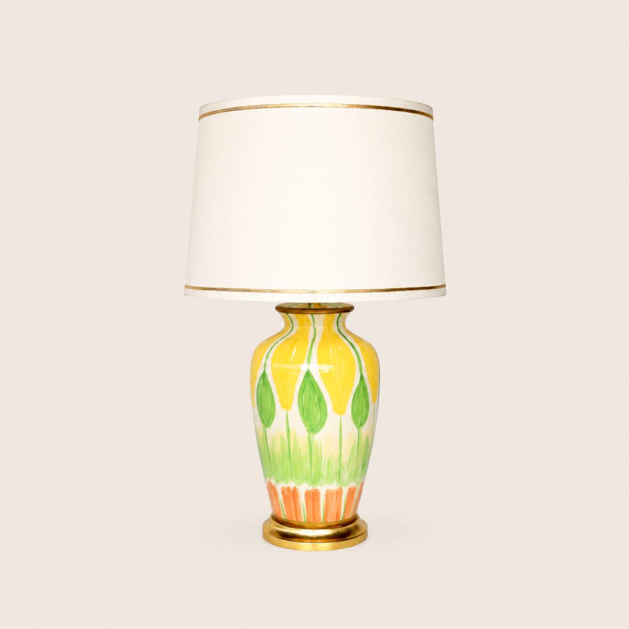 Hand Painted Yellow Green Orange Lamp Gold Trim Shade 68x40cm – catalogue view