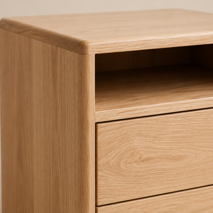 Karoi Oak Pedestal — rounded oak and drawer detail